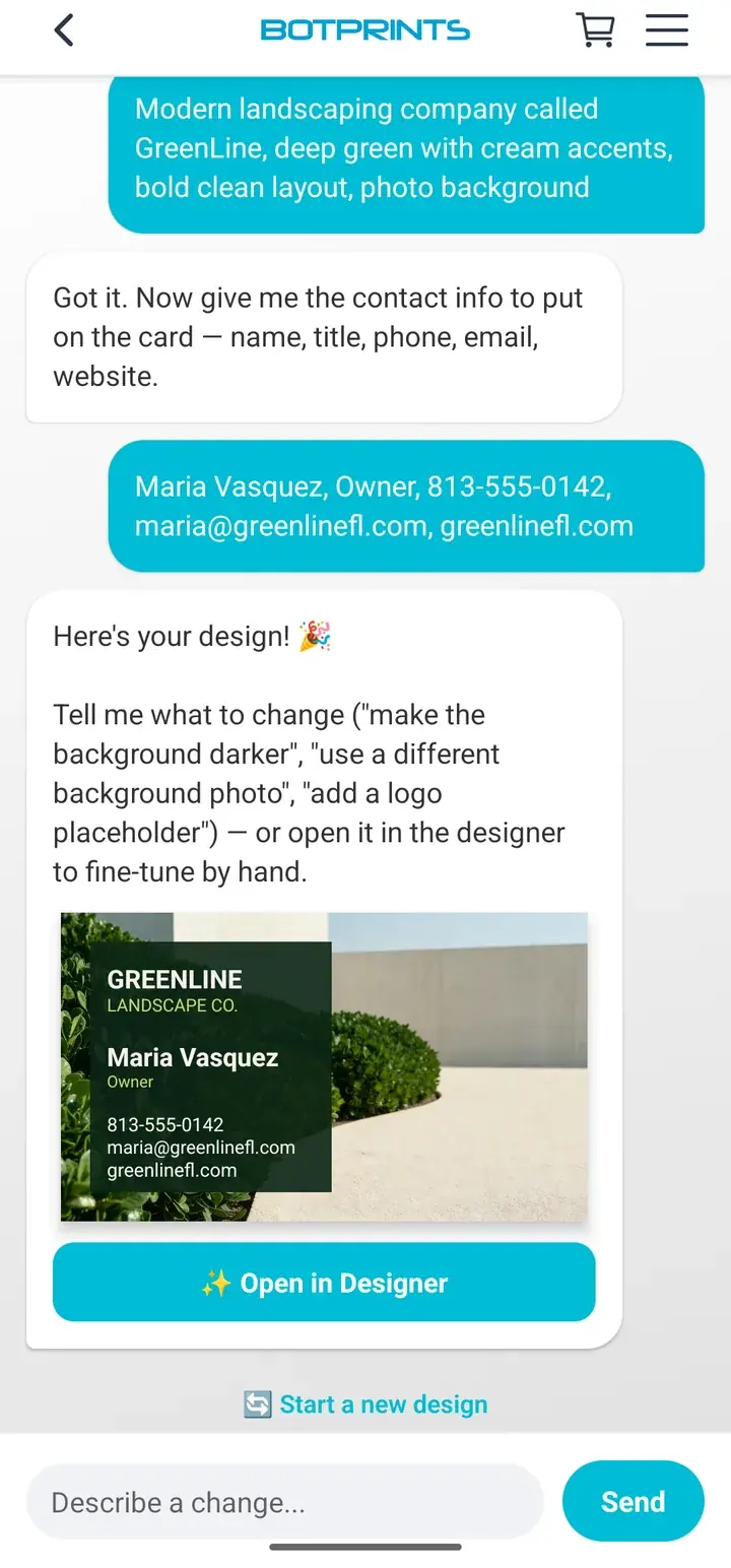 AI designer chat turning a short text prompt into a landscaping business card with a photo background