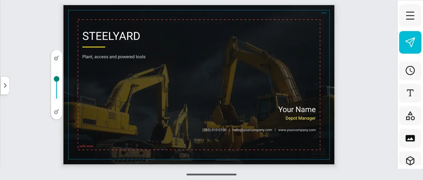 BotPrints editor showing an equipment-rental card with trim and safe-area guides